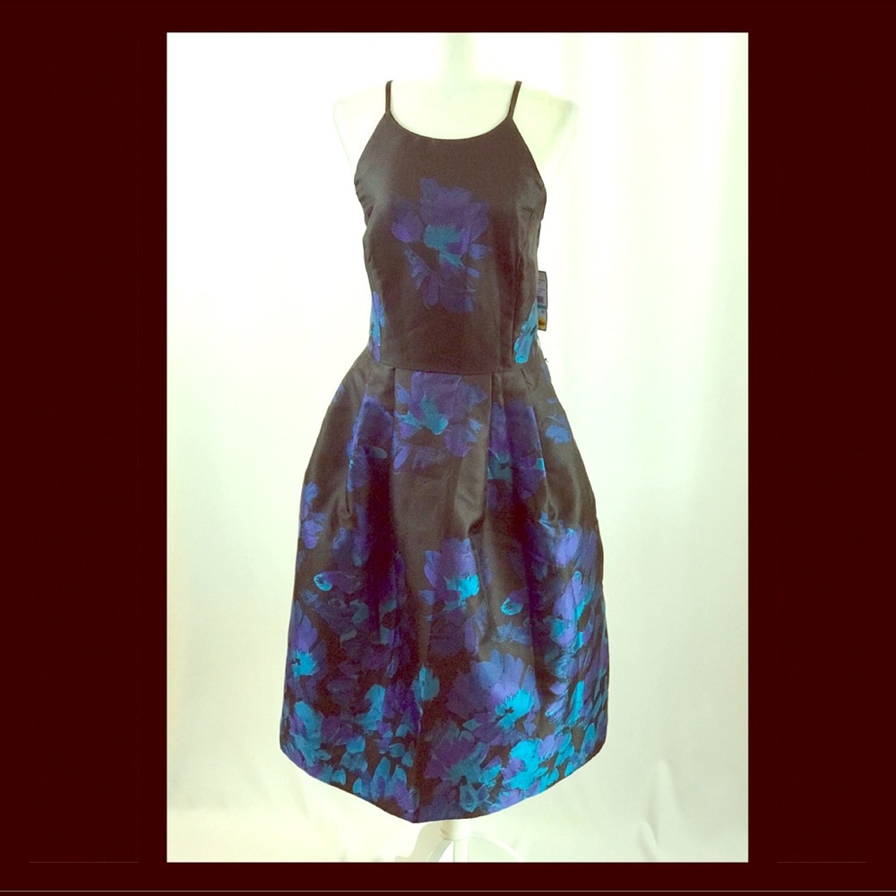 Halter dress black w/blue and purple flowers (167)